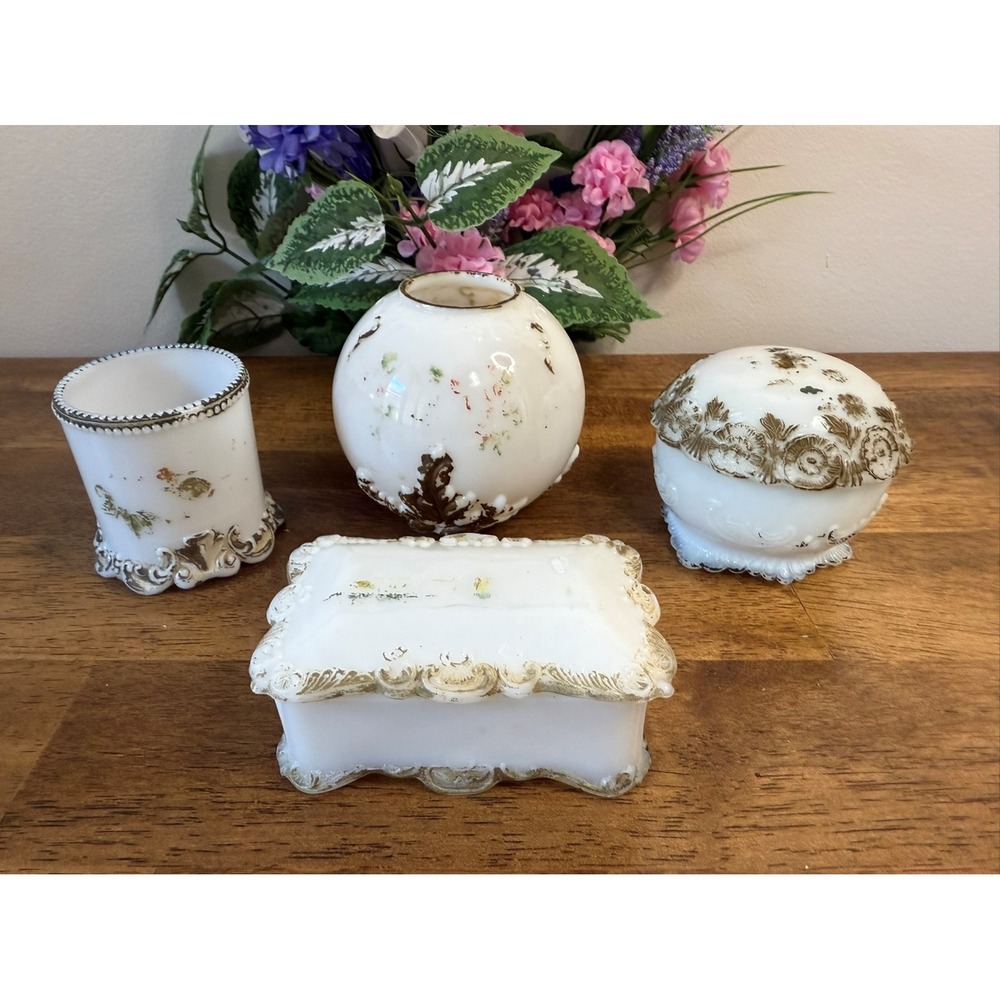 Antique Victorian Milk Glass Vanity Set Ornate Gilded Lidded Boxes‎ Decorative